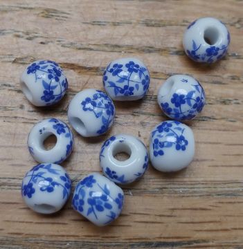 Bead 10mm Round, Porcelain, White with Blue Flowers, 2-3mm hole