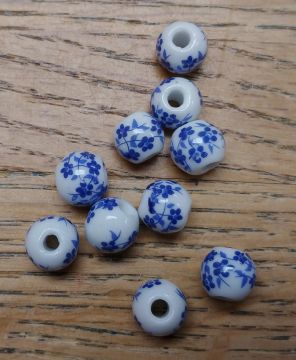 Bead 8mm Round, Porcelain, White with Blue Flowers, 2-3mm hole