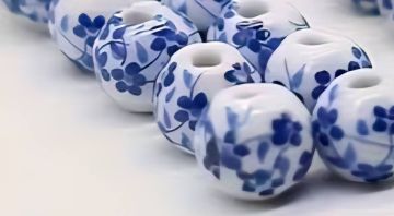 Bead 12mm Round, Porcelain, White with Blue Flowers, 2-3mm hole