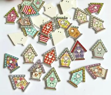 Buttons Painted Wood Birdhouse