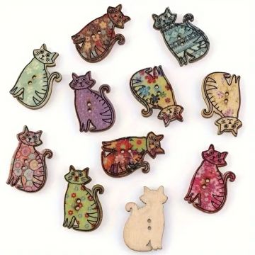 Buttons Painted Wood Vintage Cats 10 pack
