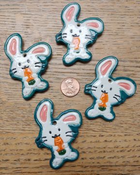 Ceramic Tie On Wild Bunny Eating a Carrot Dark Teal Green edge for Easter / Spring