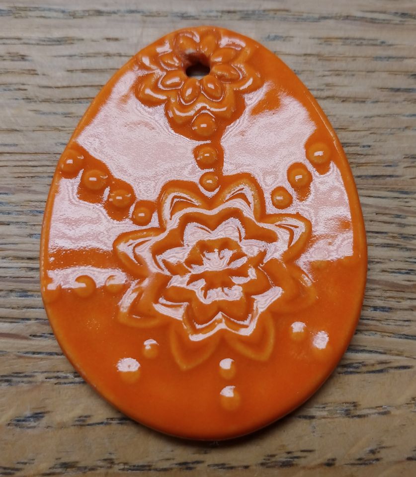 Ceramic Tie On Easter Egg with Raised Flower Design Orange