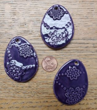Ceramic Tie On Easter Egg with Raised Flower Design Purple