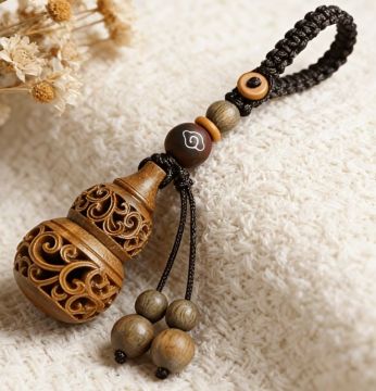 Bead Gourd Carved Wood Charm Keychain 2 piece