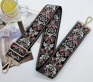 Handle Strap Woven Lantern Flower Pink, White, Bronze Flower & Heart Design Crossbody Gold Hardware